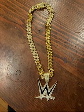 WWE Gold and Black Crystal Cuban Link Necklace with W Pendant